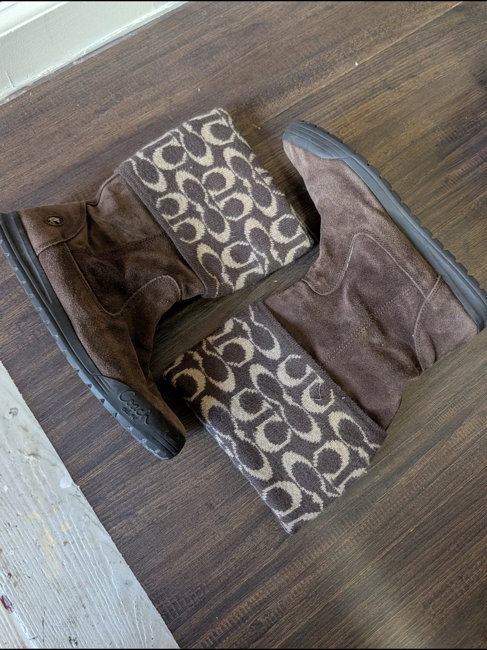 COACH Tatum Brown Suede Leather Fold-Over Wool Knit Monogram Logo Boots Sz7